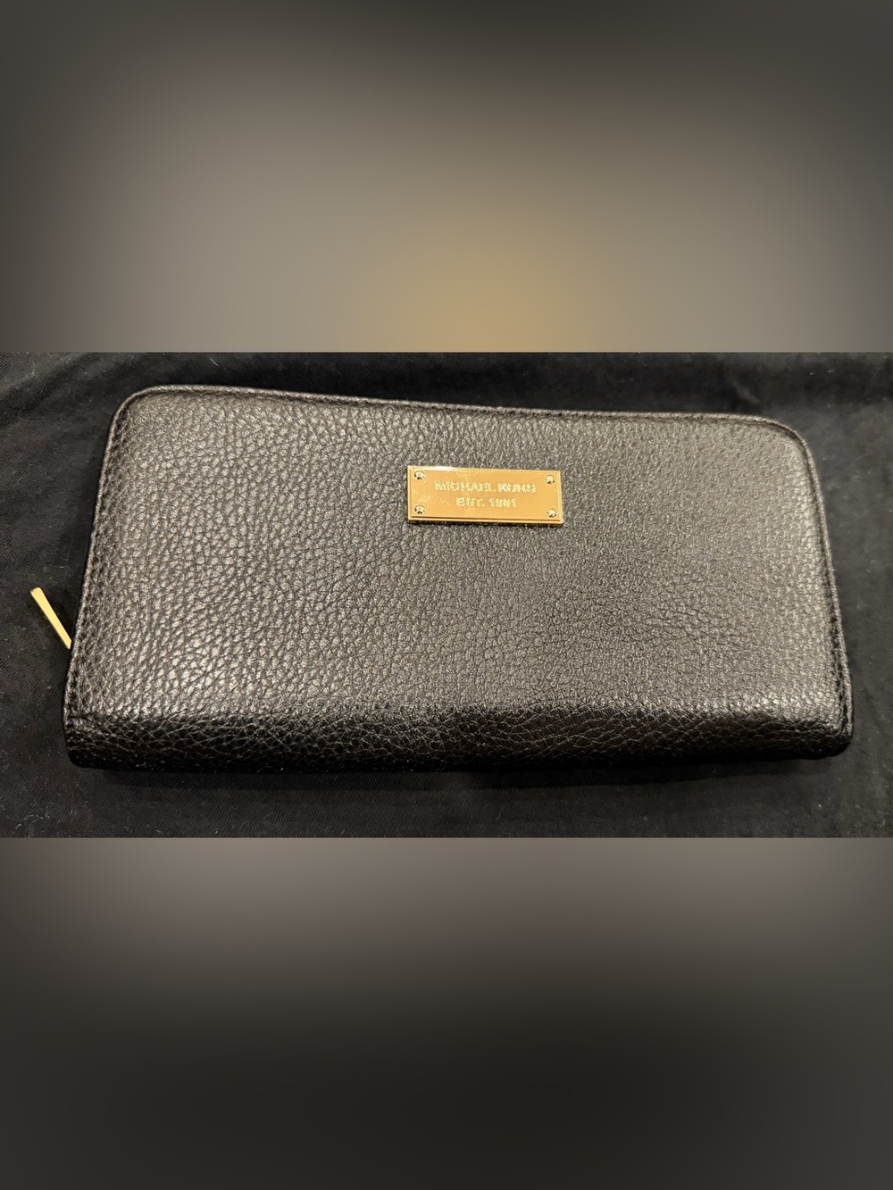 Michael Kors Black Pebbled Leather Zip-Around Wallet with Gold Plaque